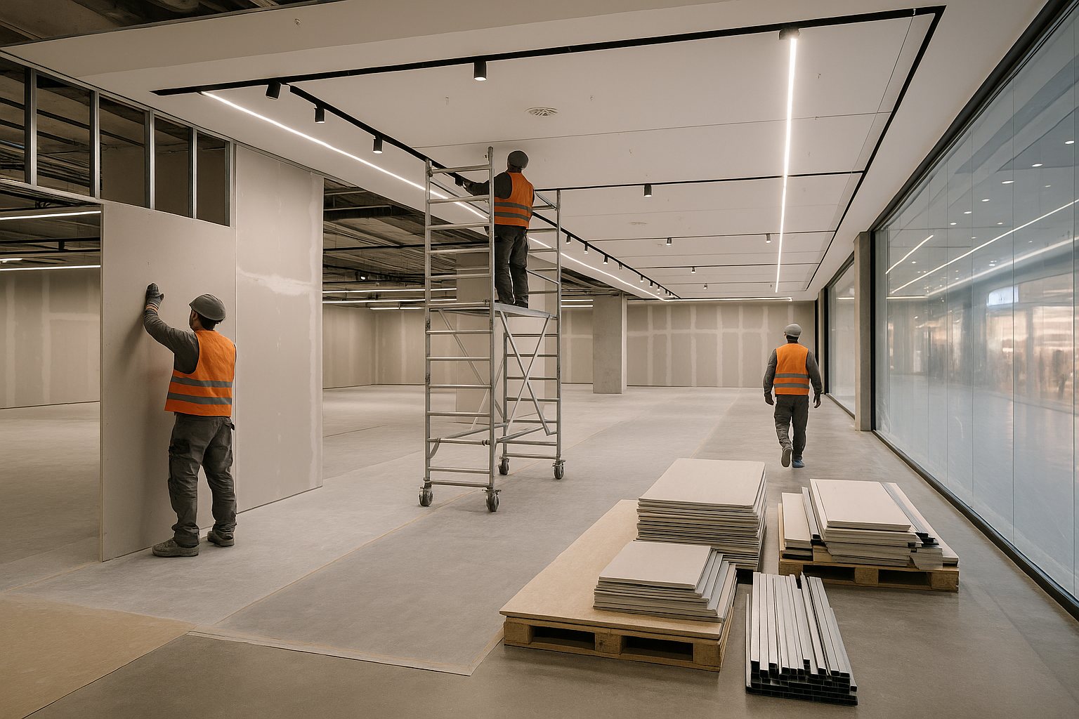 Ladenbau: Innenausbau einer Handelsfläche – Trockenbau, Decke und LED-Beleuchtung